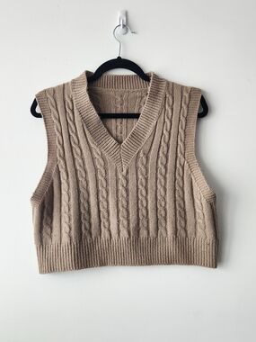 YesStyle Cable Knit V-Neck Sweater Vest - Tan